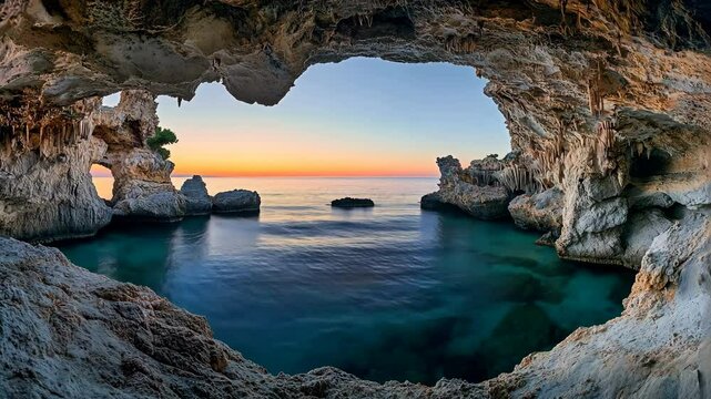A view of the ocean from a cave at sunrise