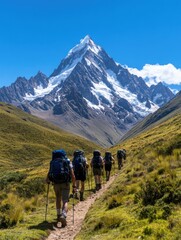 A scenic mountain trail with hikers approaching a majestic snow-capped peak under a bright blue sky.