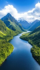 A stunning landscape featuring a winding river surrounded by lush green hills and majestic mountains under a bright blue sky.