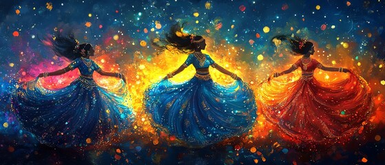 Vibrant Dandiya night banner featuring colorful traditional motifs, celebrating the Indian festival of Garba dance, perfect for party invitations and decorations