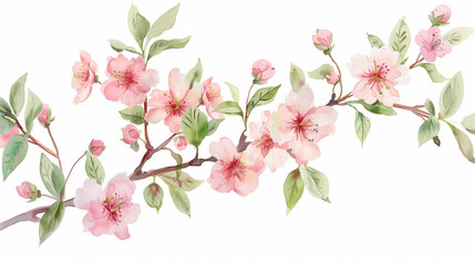 Beautiful watercolor illustration of pink cherry blossoms on a branch