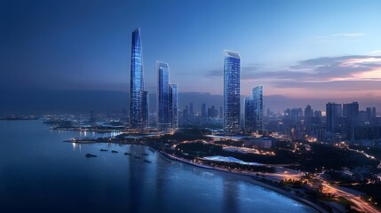 Fototapeta premium Xiamen blue tone skyline synthesized by particle lines. 