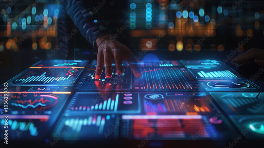 Poster business audit data visualization through augmented reality hologram display of data statistics