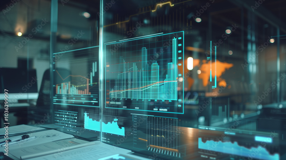 Poster business audit data visualization through augmented reality hologram display of data statistics