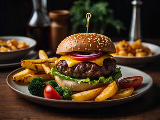 A deluxe burger served on an exotic plate, with a side of crisp vegetables arranged beautifully.