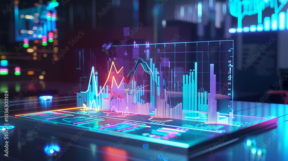 Poster business audit data visualization through augmented reality hologram display of data statistics