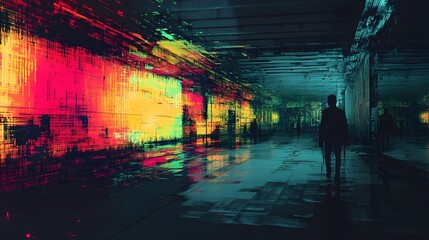 Obraz premium A retro pixel art scene disrupted by colorful glitch effects and abstract digital noise