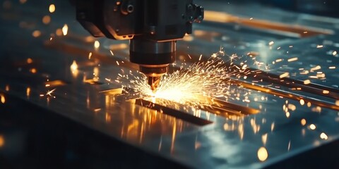An industrial laser cutting machine in action, showcasing precision metalwork with sparks flying. This high-tech process exemplifies modern manufacturing techniques