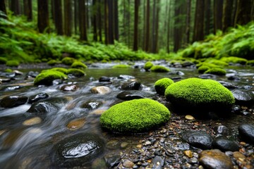 Environment, displayed in a tranquil forest with a small stream running through, surrounded by moss-covered rocks and tall trees