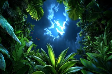 Naklejka premium Environment, illustrated in a dense rainforest with mist rising from the trees, tropical plants, and a variety of wildlife