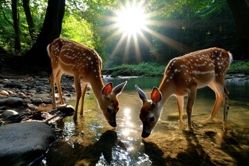 Environment, portrayed in a sunlit woodland clearing with deer grazing near a calm stream, surrounded by lush vegetation