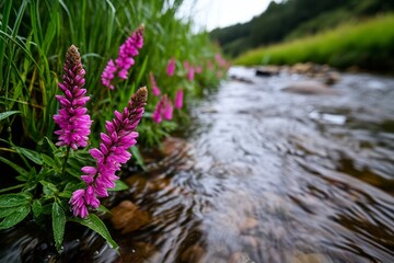 Epilobium Hirsutum (Great Willowherb) growing beside a stream, its pink flowers standing out against the green reeds