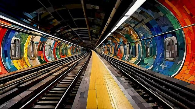 a subway tunnel  with  the tracks  and the tunnel filled with  colorful circles