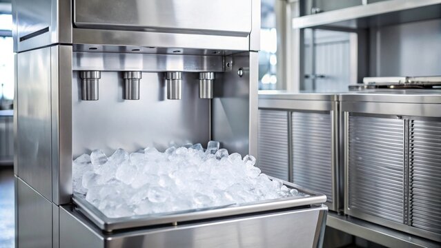Close up shot of a modern ice making machine in operation, ice, machine, appliance, cold, equipment