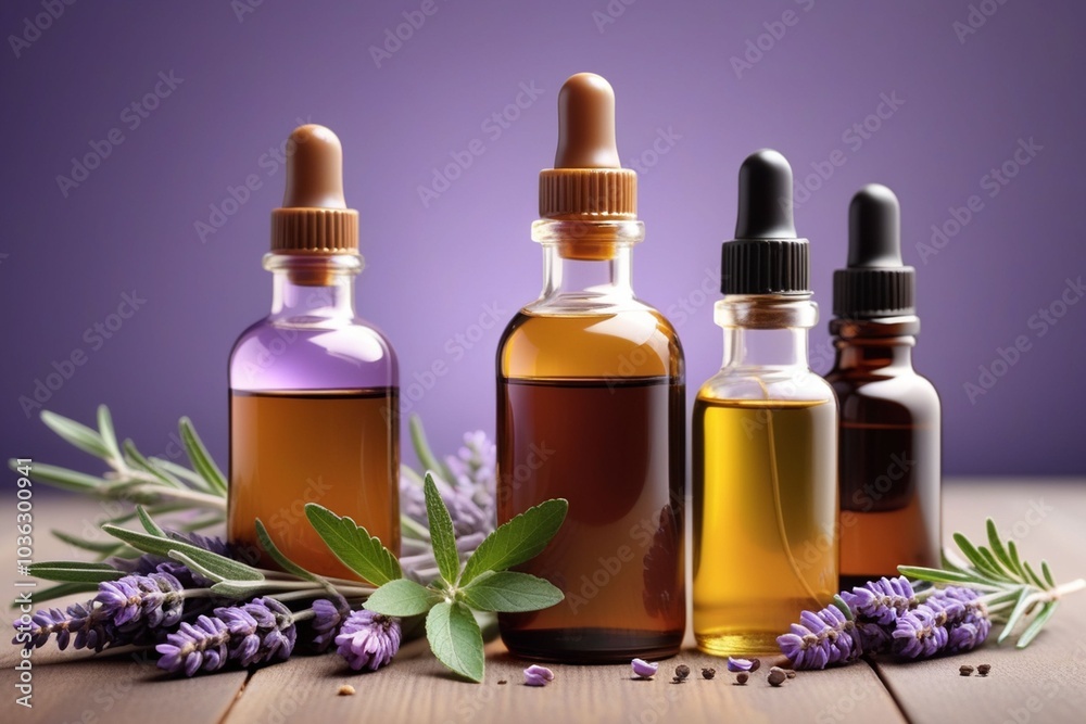 Wall mural peppermint oil bottles and lavender, horizontal composition