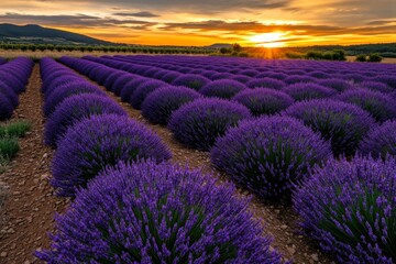 Obraz premium Lavender fields in Provence, with rows of purple flowers stretching into the distance, under a warm, golden sunset