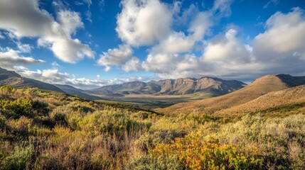 Obraz premium A picturesque view of a valley with rolling hills and a blue sky with white clouds.