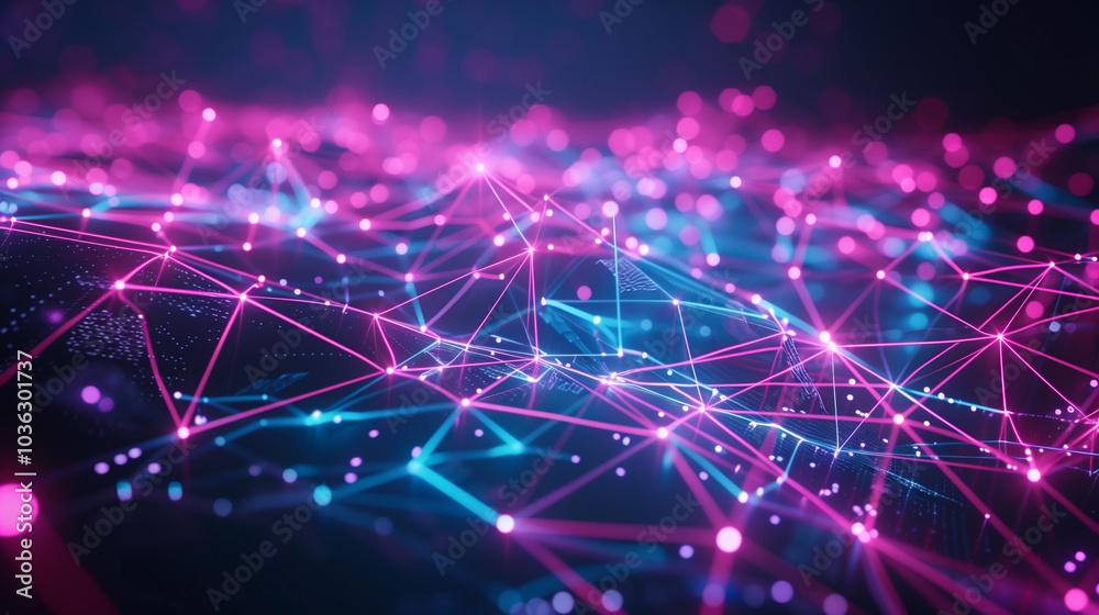 Poster abstract tech background with futuristic digital grid with glowing neon lines, intersecting and form