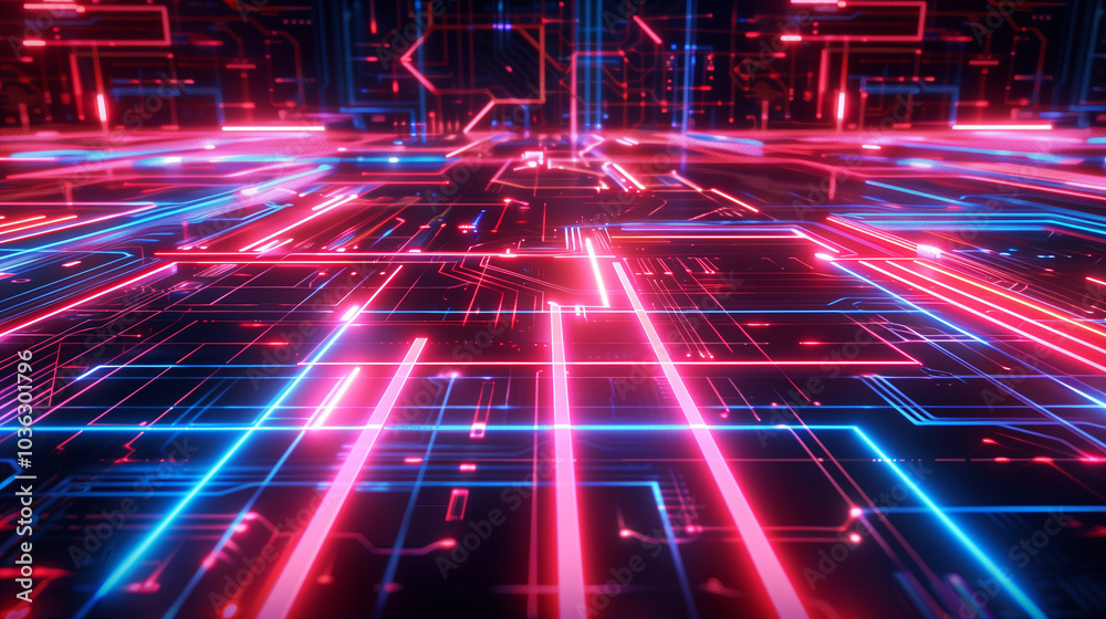 Poster abstract tech background with futuristic digital grid with glowing neon lines, intersecting and form