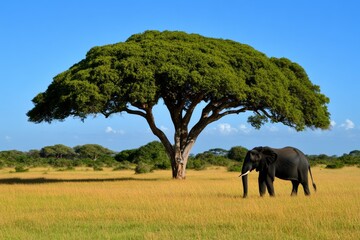 Obraz premium Nature, depicted in a peaceful savannah environment, with acacia trees, elephants, and golden grasslands under a clear sky