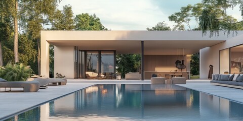 Fototapeta premium A stunning luxury modern villa featuring an inviting swimming pool and a beautifully designed outdoor lounge area, showcasing contemporary architecture and a luxurious lifestyle. 