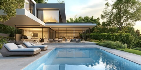 Fototapeta premium A stunning luxury modern villa featuring an inviting swimming pool and a beautifully designed outdoor lounge area, showcasing contemporary architecture and a luxurious lifestyle. 