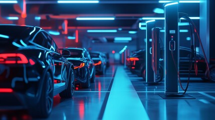 A futuristic electric vehicle charging station with rows of charging points and electric vehicles being charged, EV charging station scene, Futuristic and sustainable style