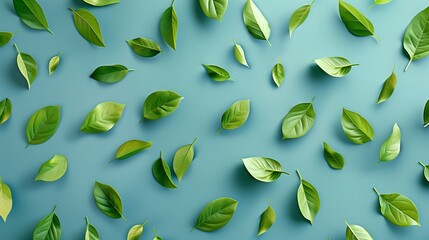 Green leaves natural fresh botanical seamless pattern on blue background