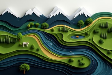 Obraz premium Nature, represented in abstract minimalist lines and shapes, with small animals, trees, and water sources symbolizing ecological balance