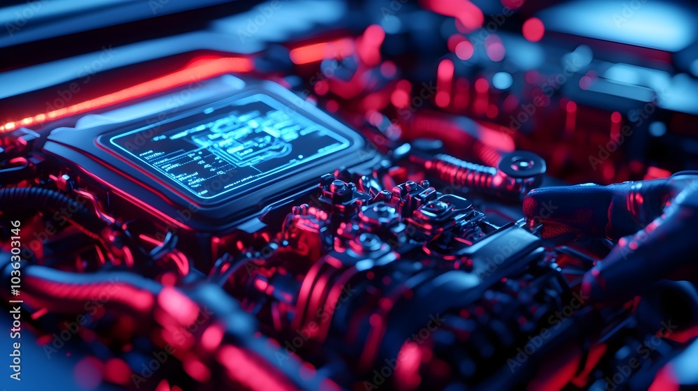 Poster automated robotic arm repairing a futuristic car engine with a holographic interface displaying data