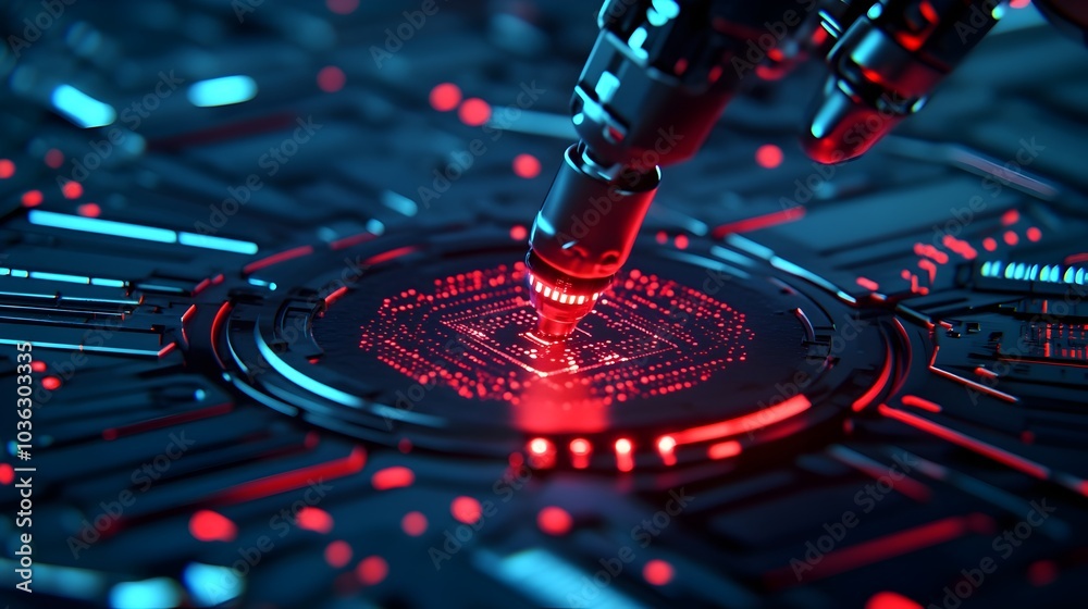 Poster ai driven robot mechanic using precision lasers to fix microchips in car components surrounded by gl