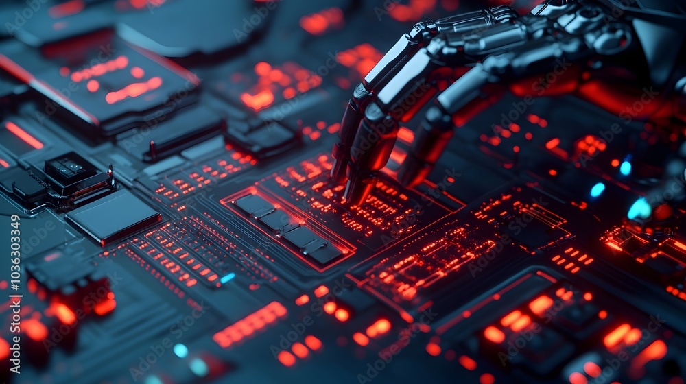 Poster advanced ai driven robot mechanic utilizing precision lasers to meticulously repair microchips withi