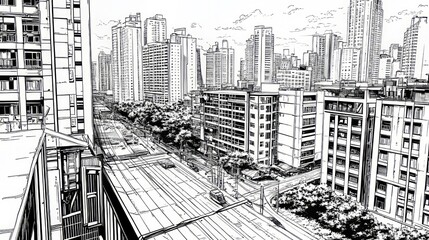 A black and white sketch of a city skyline with tall buildings and a road in the foreground.