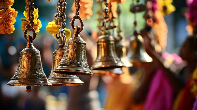 A row of ornate brass bells hangs at a Hindu temple
