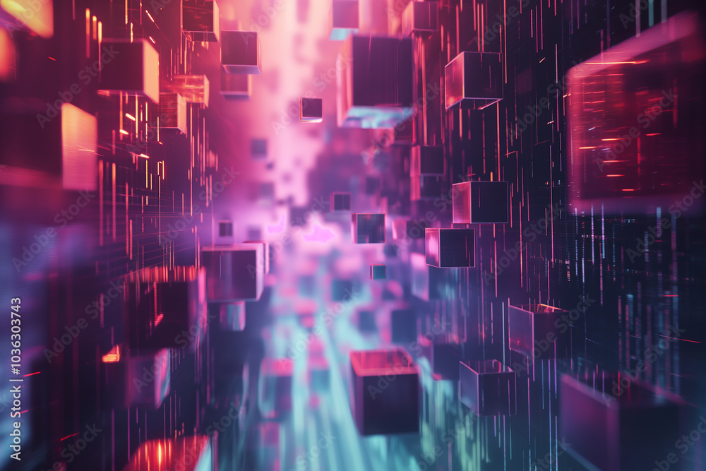 Poster abstract cyber tech background with floating 3d holographic cubes, emitting pulses of light in a dig