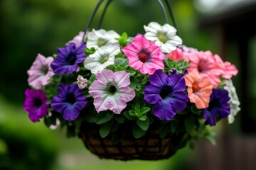 Petunias cascading from a hanging basket, with pink, purple, and white blooms spilling over the edges
