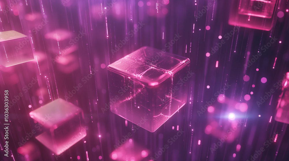 Poster abstract cyber tech background with floating 3d holographic cubes, emitting pulses of light in a dig