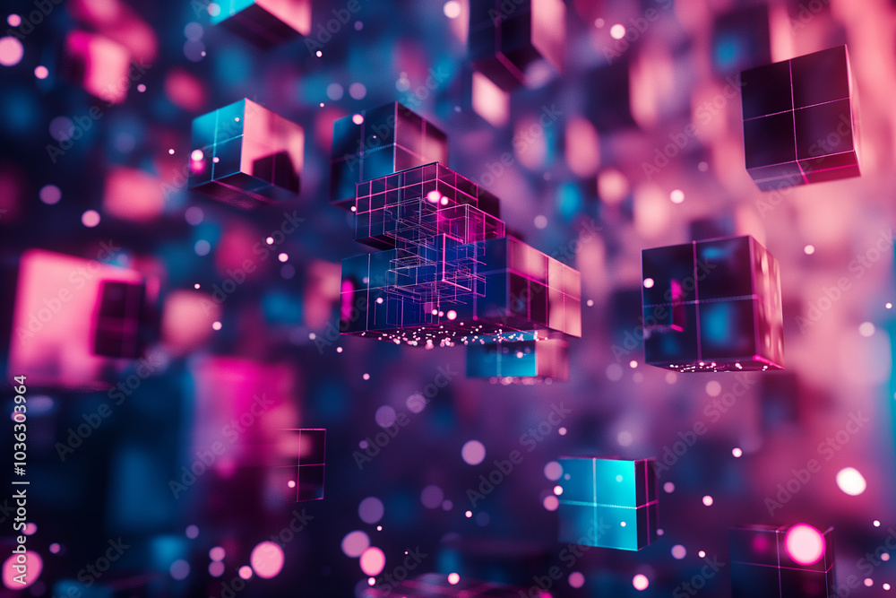 Poster abstract cyber tech background with floating 3d holographic cubes, emitting pulses of light in a dig