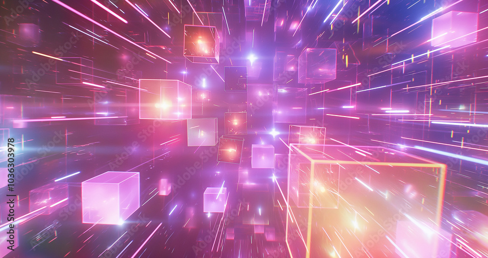 Poster abstract cyber tech background with floating 3d holographic cubes, emitting pulses of light in a dig