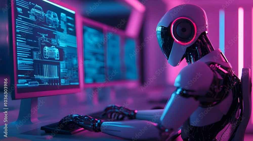 Poster humanoid robot using advanced augmented reality technology to analyze and visualize intricate car pa