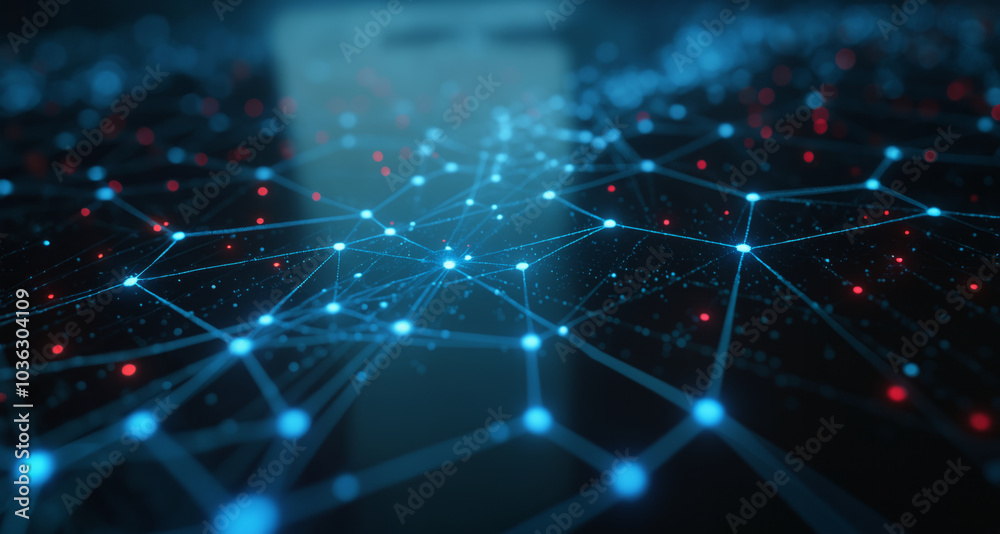 Poster a computer screen displaying a complex network of dots and lines, representing the intricate web of 