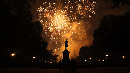 Fototapeta premium Celebratory fireworks illuminate the sky above a statue during New Year's Eve festivities