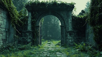 Obraz premium An overgrown archway leads to a misty, lush landscape, evoking a sense of mystery and nature's reclaim.