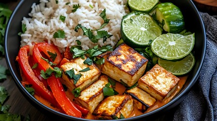 Tofu Curry with Rice  Red Peppers  Lime  and Cilantro in a Black Bowl