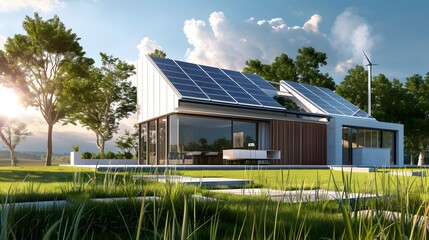 Obraz premium Design a blueprint for a smart building that uses green technology such as solar panels. rainwater harvesting and an AI-powered energy management system to reduce carbon dioxide emissions.