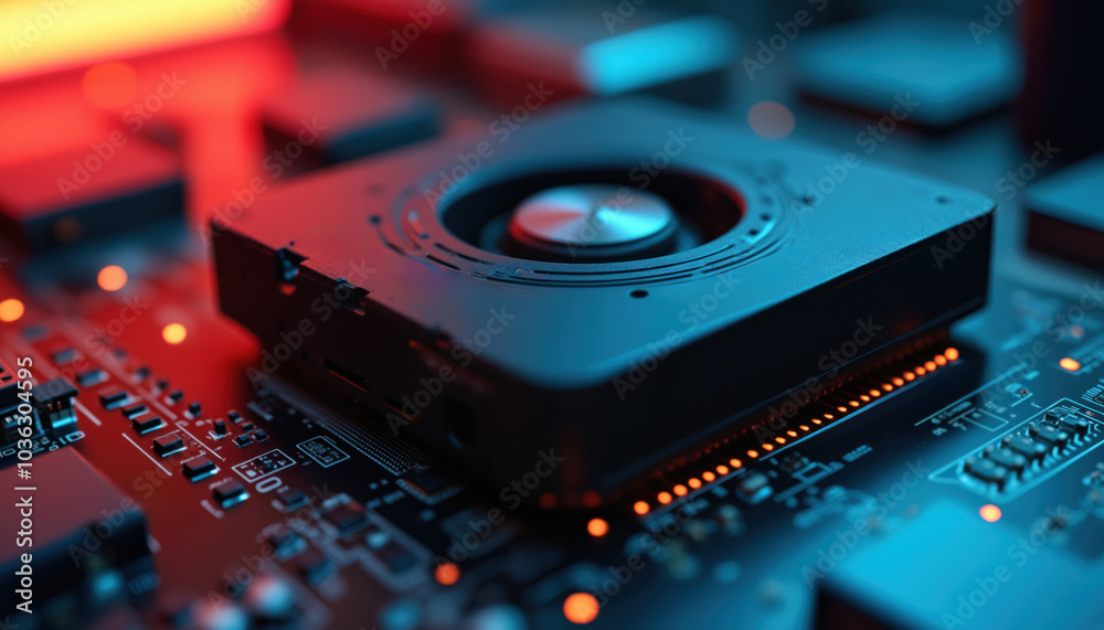 Poster modern cooling processor on red background: a cooling processor placed on a red background, symboliz