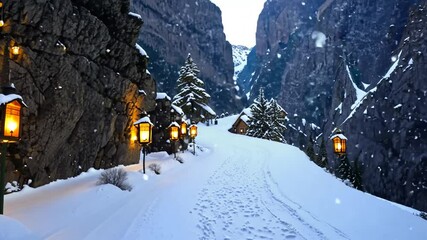 A snowy path winds through a narrow mountain valley. The path is lit by warm, glowing lanterns, adding a magical touch to the scene. - Powered by Adobe