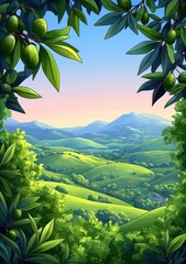 Obraz premium Serene Green Hills Landscape with Lush Valley and Mountain View Framed by Olive Trees and Leaves in a Vibrant Natural Setting at Sunset for Nature Lovers