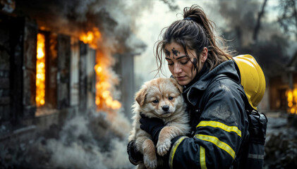 Close up of exhausted young female firefighter dirty with soot and sweat, holding a rescued puppy with relief, in front of a burning house. Animal emergency rescue, firewoman saves dog from fire