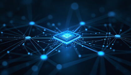 Digital Network Icon with Glowing Connections: A digital network icon with glowing connections, symbolizing seamless technological integration and data communication.